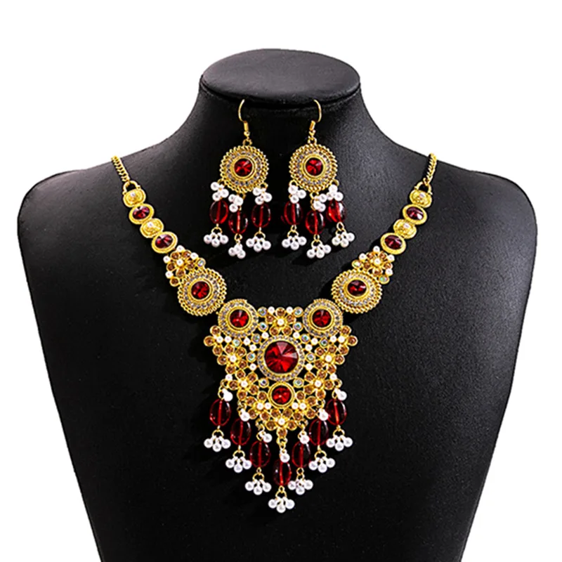 

Retro ethnic jewelry set, exaggerated luxury water drop necklace, court style round fringed earrings for women