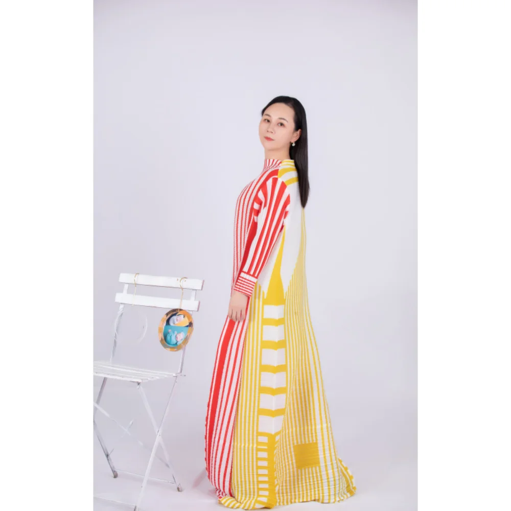 ANLAN Miyake Pleated Stripe Dress Fashion Relaxed Party Temperament Maxi Long Dresses 2024 Summer New Elegant Women\'s Clothing