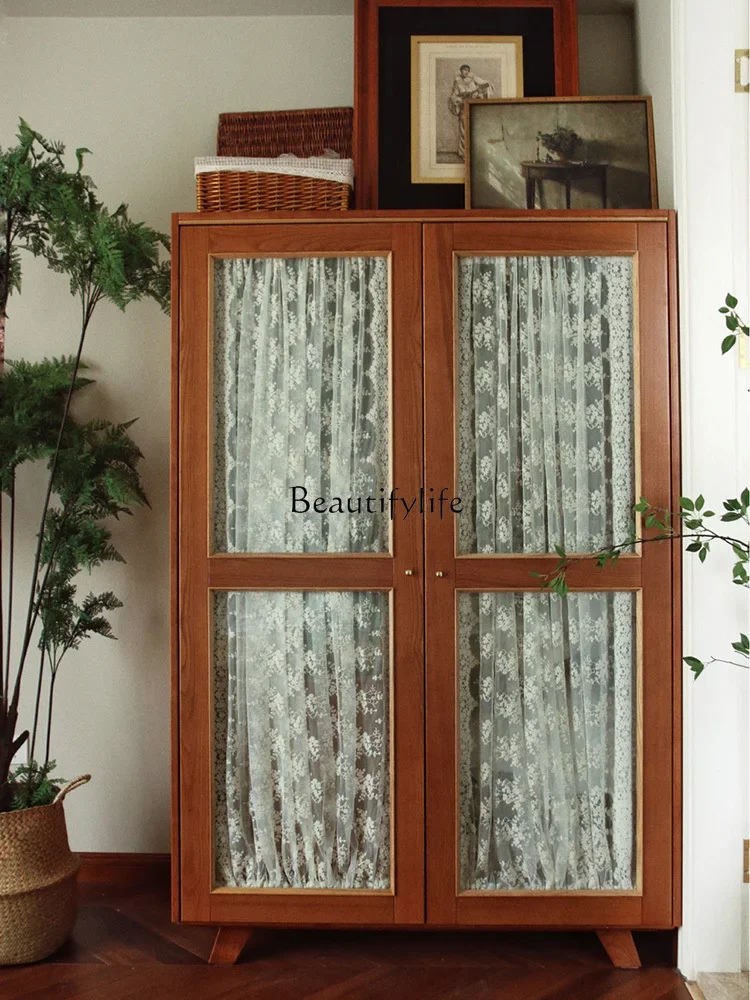 French retro solid wood wardrobe niche double door gauze curtain glass cabinet bedroom storage hanging clothes