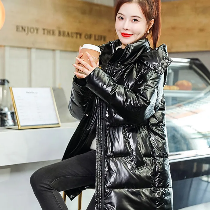 2023 New Women Down Cotton Coat Winter Jacket Female Mid Length Wash Away Brightening Face Parkas Loose Outwear Hooded Overcoat