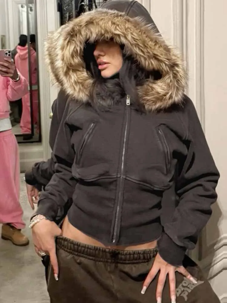 

MCDV винтажная толстовка с капюшоном и меховым воротником, женская готическая тонкая короткая куртка на молнии с длинными рукавами, пальто 2024, осенняя шикарная уличная верхняя одежда