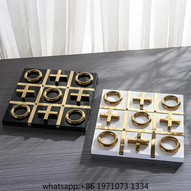 Game Wood Chessboard Geometric Artwork Ornaments Desk Decoration Golden Chess Pieces Casual Games