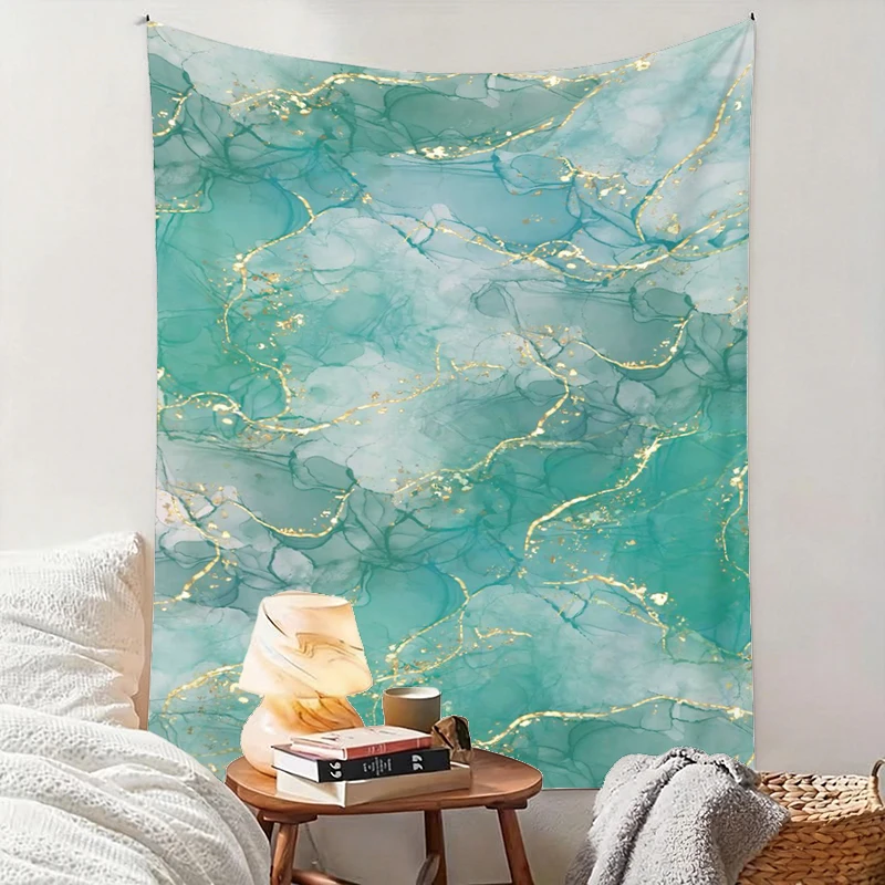 1PC Teal Marble Gold Texture Print Backdrop Banner, Bedroom Living Room Photo Background, Polyester, Home Decor, Wall Art
