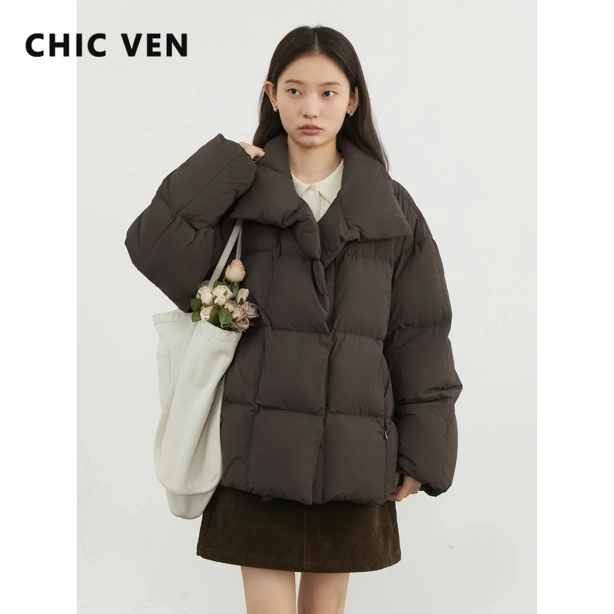 

CHIC VEN женские пуховики однотонные повседневные свободные воротники-стойки короткие женские пуховики офисные женские пальто осень-зима 2025