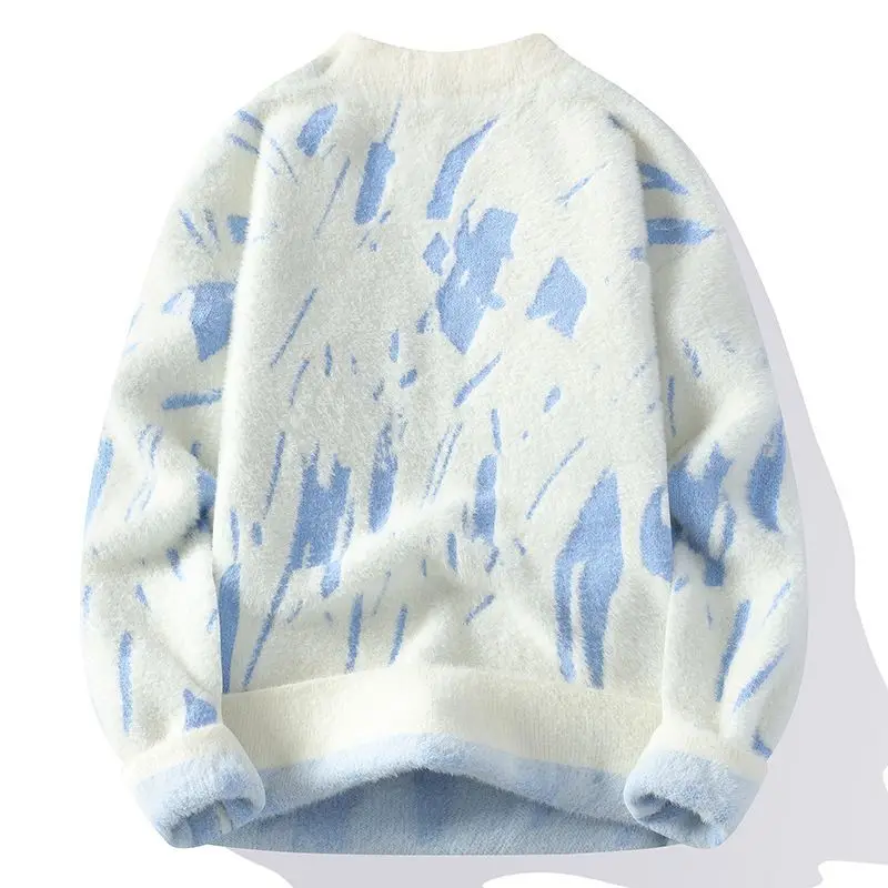 Winter Men's Thickened Fleece Sweater Irregular Jacquard Pattern Casual Round Neck Pullover Tops Striped Soft Knitted Sweaters - Image 2