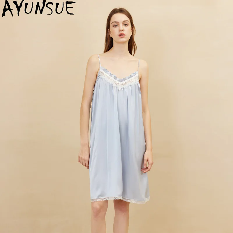 AYUNSUE 19 Momme 100% Real Mulberry Silk Pajama Sexy Sleepwear Night Dress for Women Summer Women's Home Clothes  