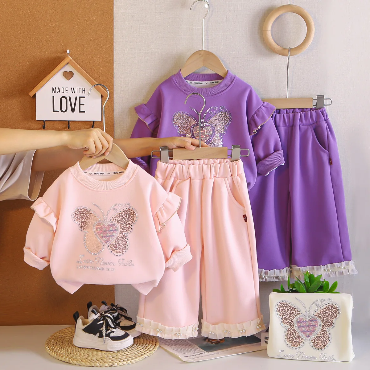 Baby Girl 2Pcs Outfit Set Spring Autumn Hot‑fix Rhinestone Butterfly Sweatshirt Pearl Lace Pants Toddler Kids Casual Clothing