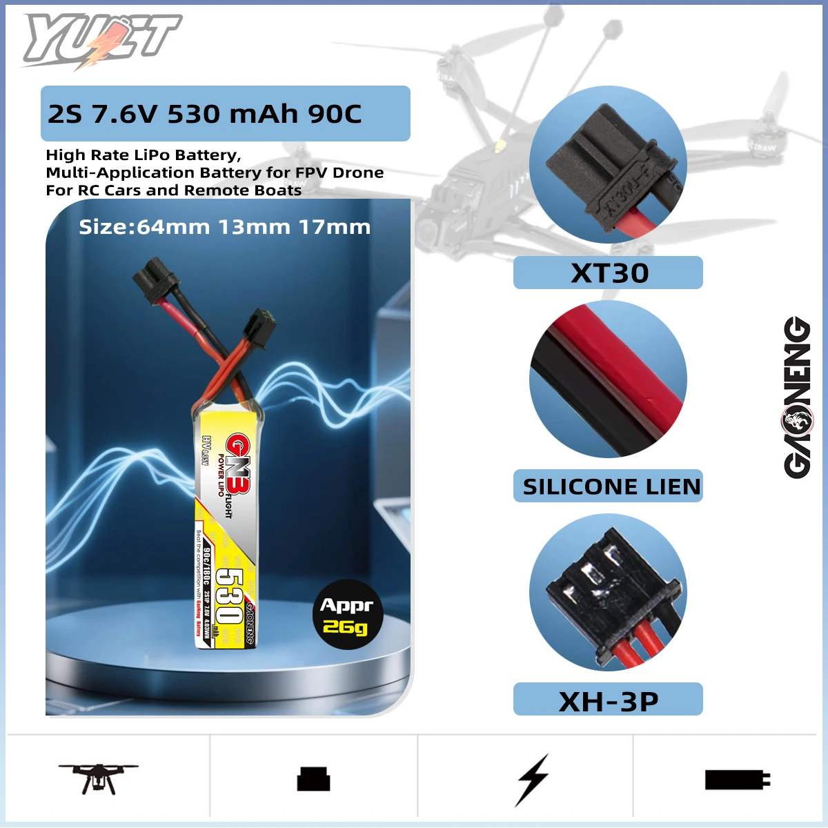 

YUCT GNB 2S LiPo аккумулятор LiHV 7,6 В 530 мАч XT30 90C/Max180C 7,4 В литиевая батарея для FPV Drone Quadcopter Battery