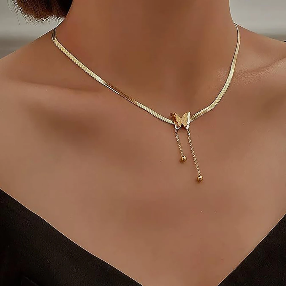 

Multilayer Vintage Butterfly Necklace For Women Gold Color 316L Stainless Steel Blade Snake Chain Charms Choker Jewelry Gift