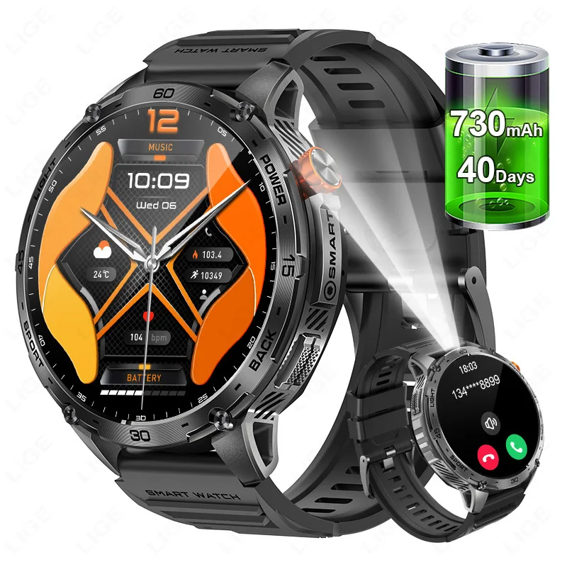 New LIGE Military Smart Watch Men 730mAh Large Battery Flashlight AMOLED HD Display 3ATM Waterproof Outdoor Sports Smart watch