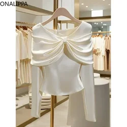 Onalippa Small Fragrance Bow Satin Shirt Long-sleeve Sweet Office Lady Womens Tops Celebrity Style Solid White Shirts for Women