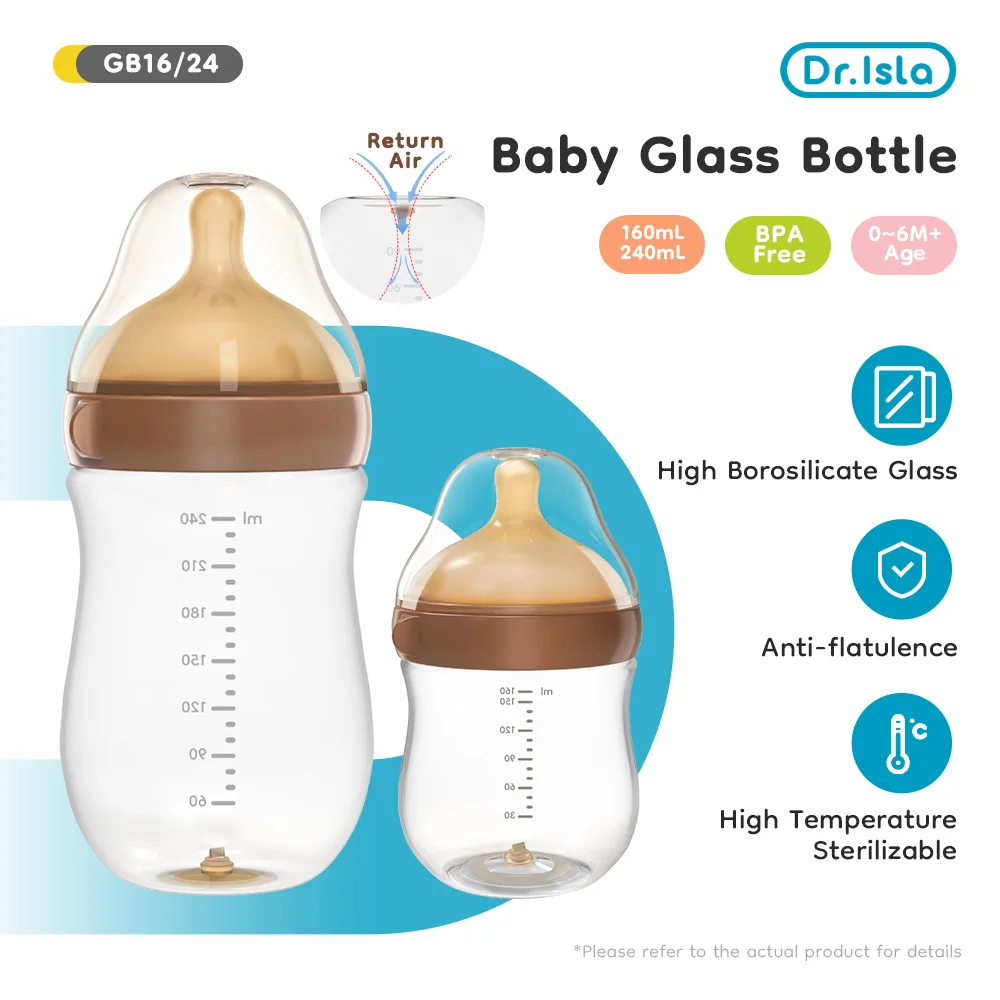 Dr.isla High boron silicon Glass milk bottle Wide caliber Newborn babies 0 to 6 months Glass milk bottle Anti-Colic BPA Free