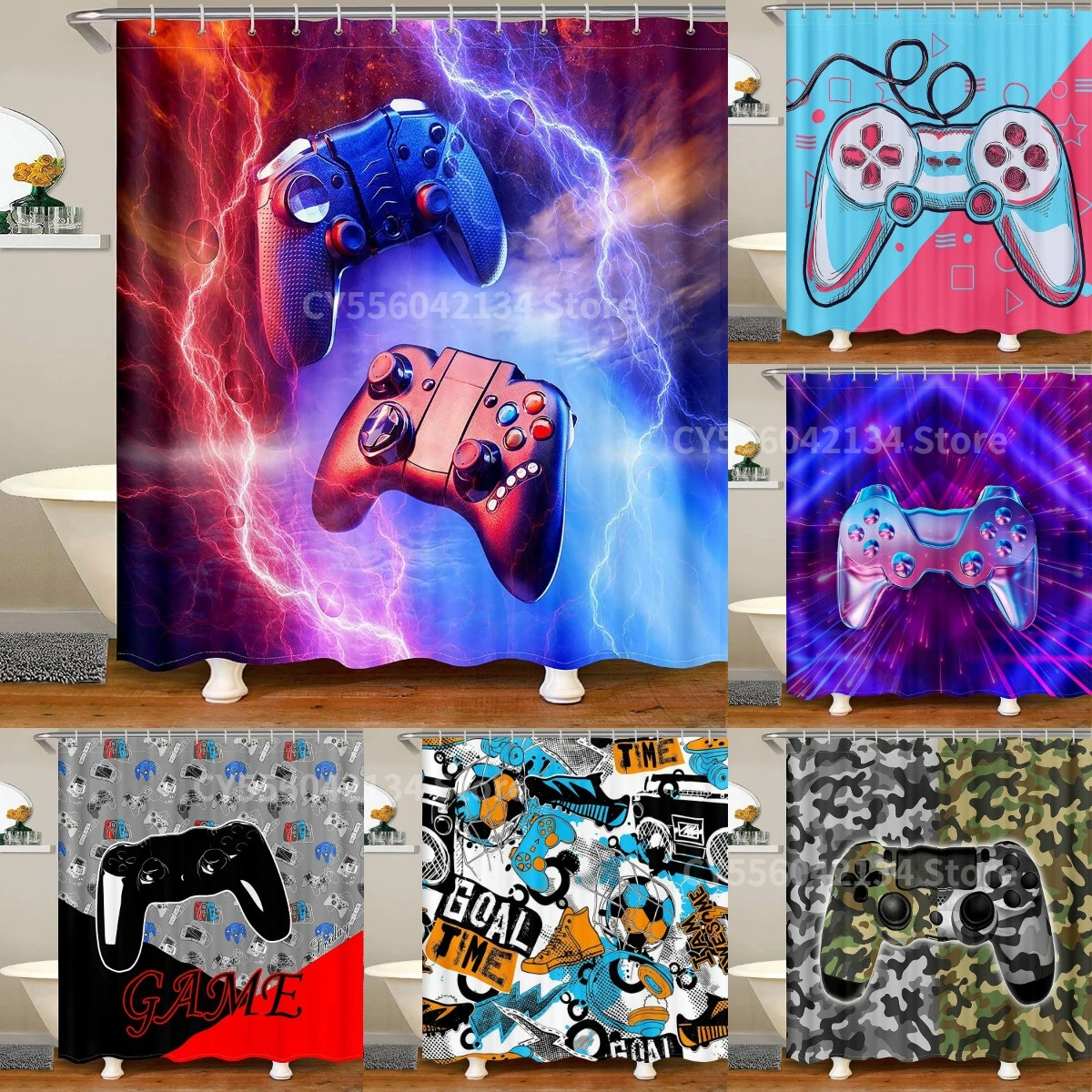 

Gamer Shower Curtain Lightning Gaming Bath Curtain Red Blue Gamepad Bathroom Sets Fabric Shower Curtains Sets