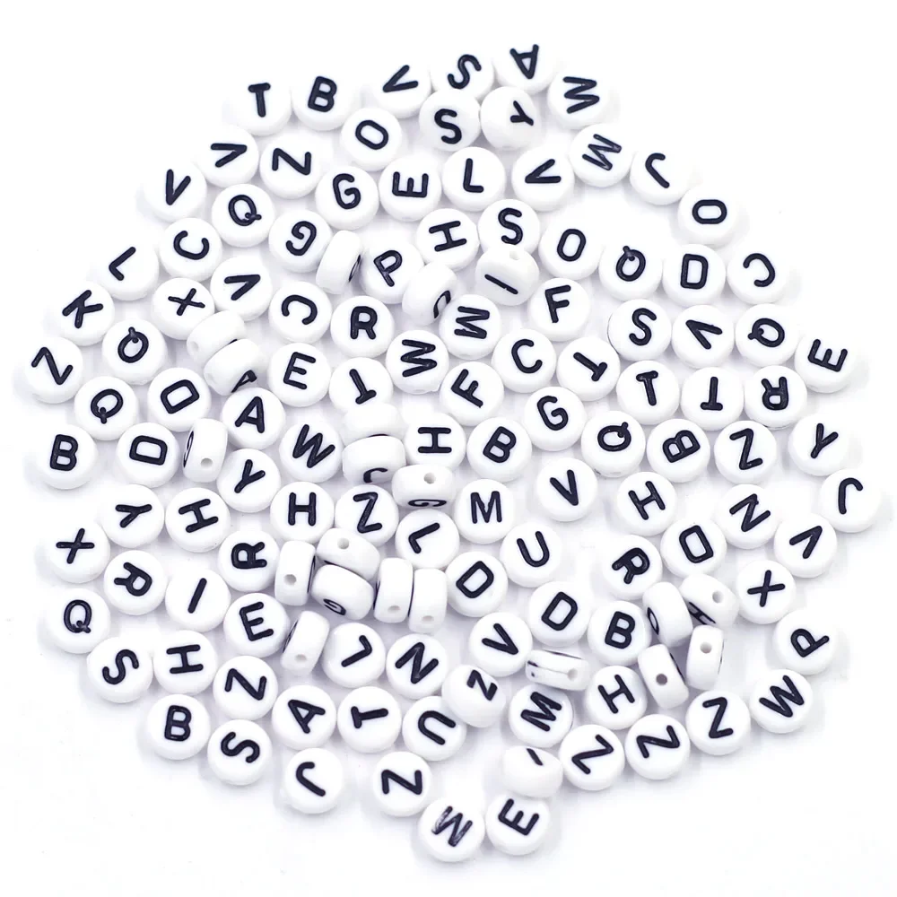 

200Pcs Acrylic Spacer Beads DIY Jewelry Making Mixed Letters White Round Oblate Smooth 7mm
