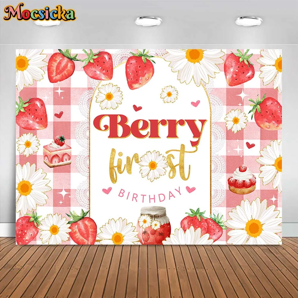 Mocsicka Strawberry Baby 1st Birthday Backdrop Girl Berry First Birthday Party Decor Photo Background Dessert Table Banner Props