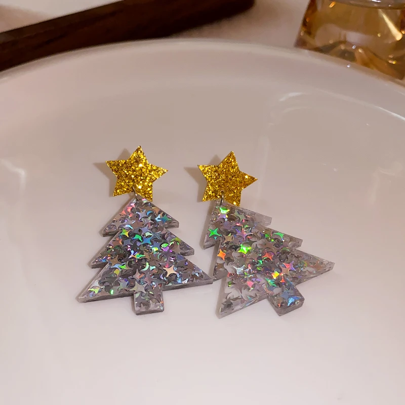 2 أزواج الراتنج نجوم أشجار عيد الميلاد سوبر التألق الملونة الترتر هندسية استرخى أقراط للنساء مهرجان الأذن مجموعات مجوهرات #5