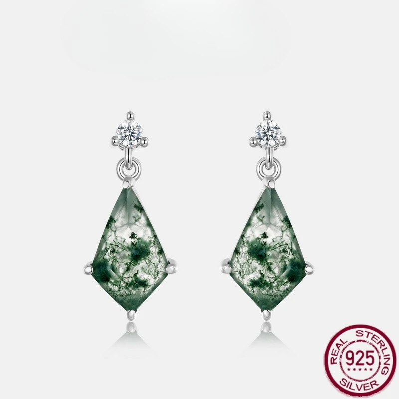 

Новые серьги из стерлингового серебра S925 в форме ромба, водяная трава, агат, инкрустированные зелеными моховыми камнями, модные свадебные украшения