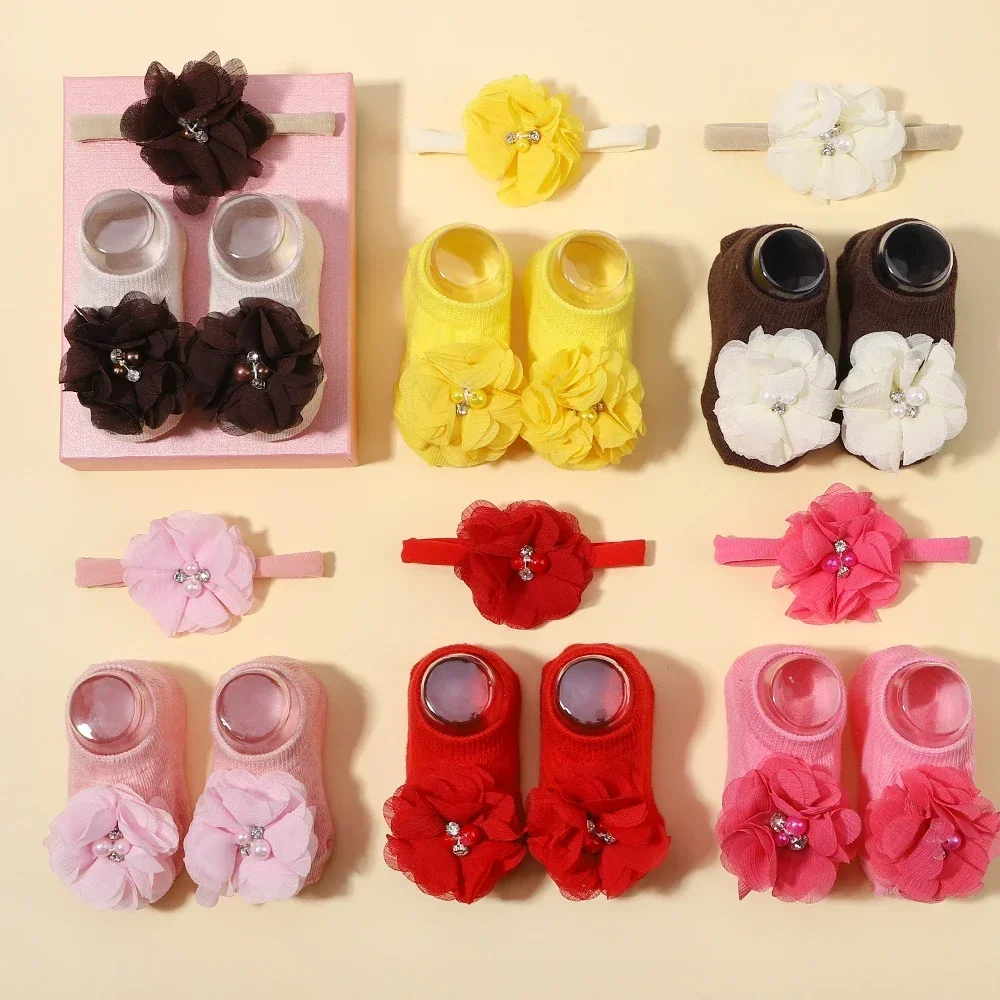 0-1Y Lovely Cartoon Baby Socks Hair Band Set Infant Toddler Non Slip Breathable Short Socks Newborn Headband Gift Photo Props