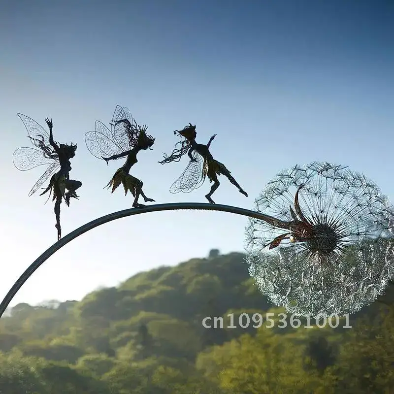 

Металлический силуэт эльфа, украшение для двора, современная пейзажная скульптура, сказочное украшение, колыбельные одуванчики, садовый декор, газон