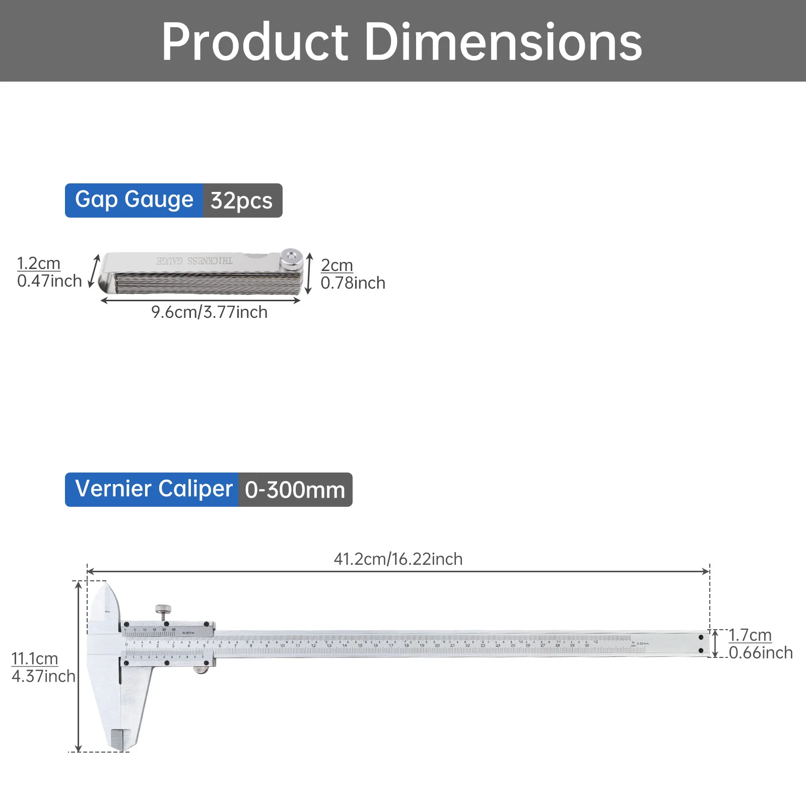 0-12  inch / 0-300 mm Carbon Steel Non Digital Vernier Caliper for Woodworking / Piston Measurement with 32 pcs Feeler Gauge