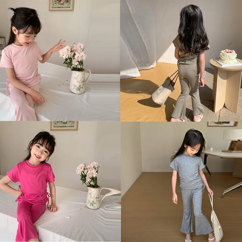 

Korean girls set bell-bottom pants Korean version of summer dress drawstring short sleeve 2-8 years old fashion casual pants set