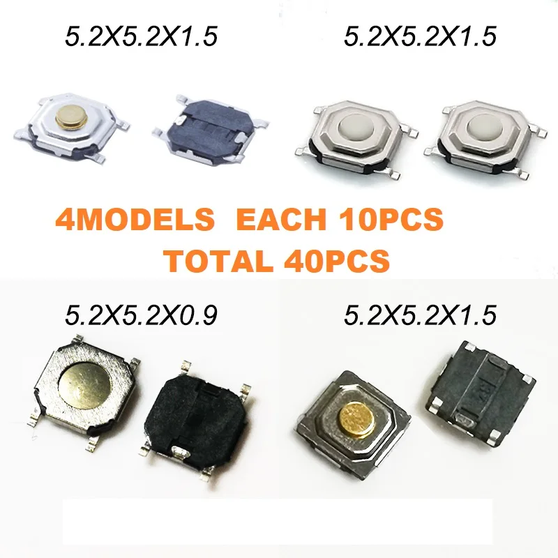 40PCS Metal Plastic Momentary Tactile Push Button Switch 5.2x5.2x1.5mm/0.9mm U Type Buttton 4Pin SMD Surface Mount