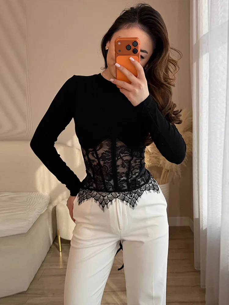 

Элегантная женская футболка с длинным рукавом и круглым вырезом, модный топ с кружевными вставками и узором «рыбья кость», новинка весны 2026, приталенный женский топ, уличная мода