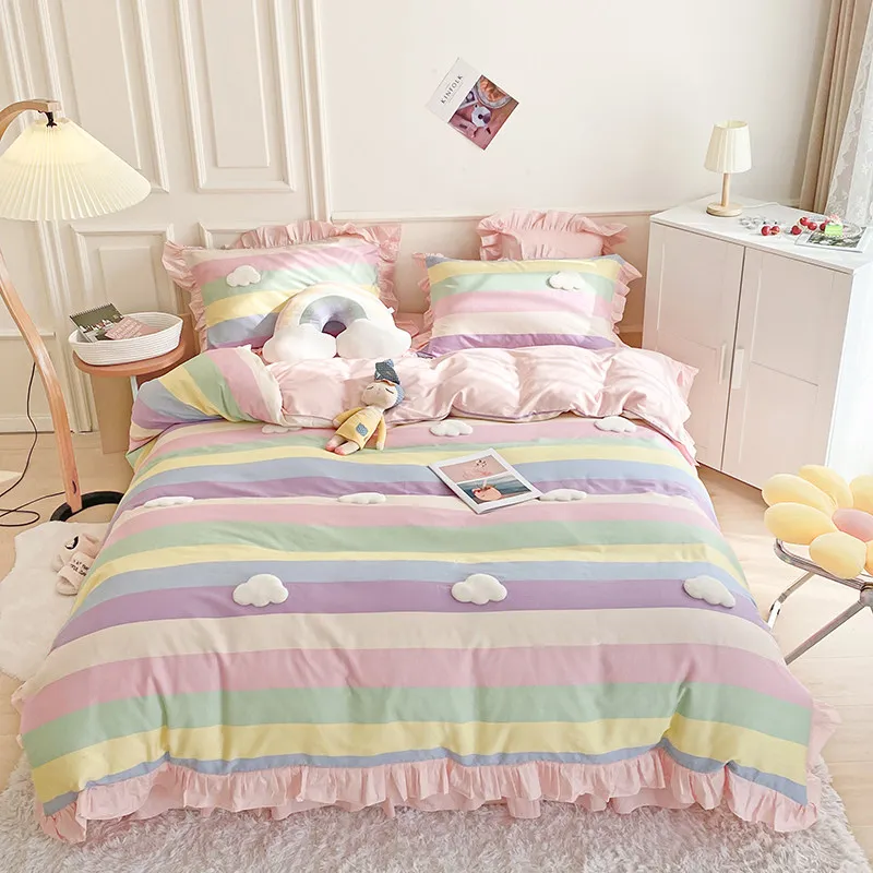 Internet Celebrity Cute Girl Heart Pure Cotton Four Piece Set Rainbow Duvet Cover Bed Skirt Ins Princess Style Cotton Bedding