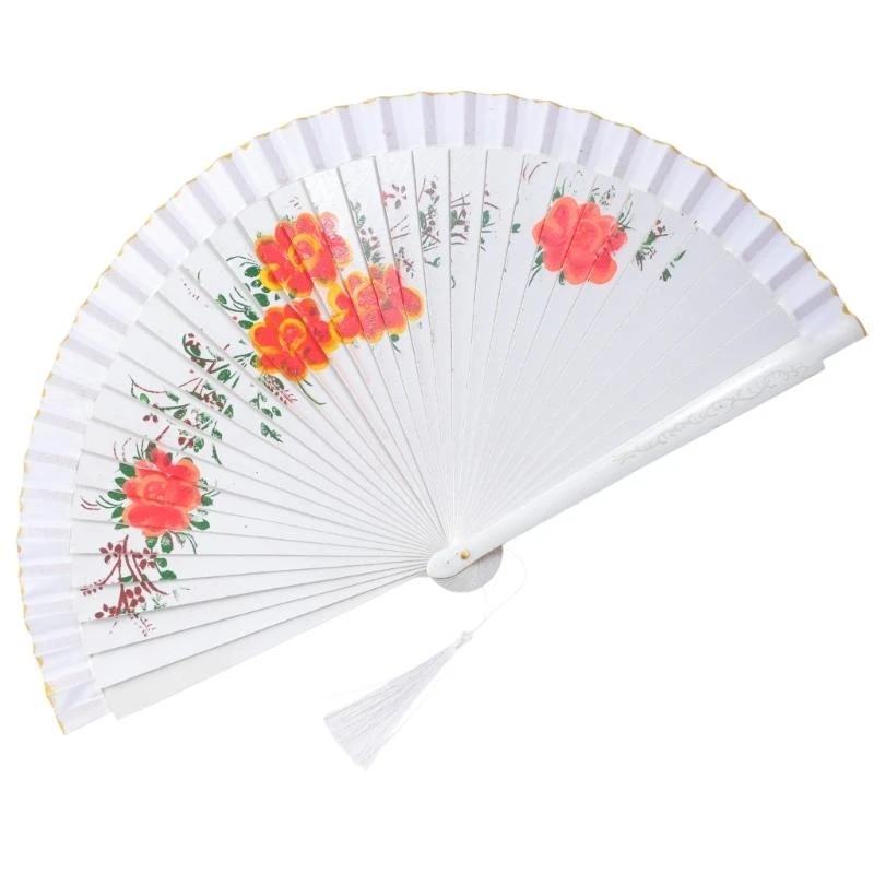 

652F Flamenco Performances, Double Pattern Handheld Spanish Dancing Fan with Flower Artwork Silk Folding Fan