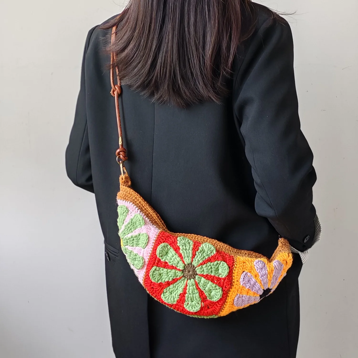 Handmade Crochet Crossbody Bag Granny Square Dumpling Bag | Vintage Floral Knit Shoulder Bag | Lightweight Fashion Mini Pouch Fo