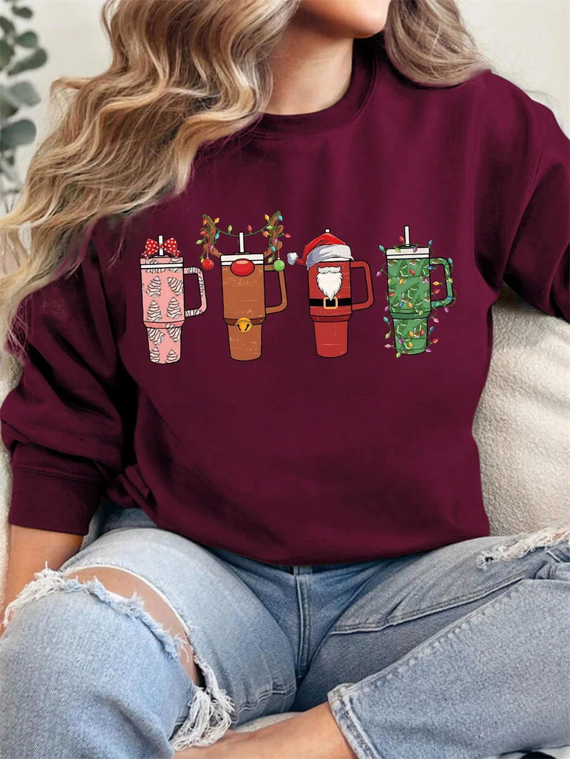 New cotton winter women's Christmas cup Green cup printed festive vintage round neck long sleeve fleece hoodie