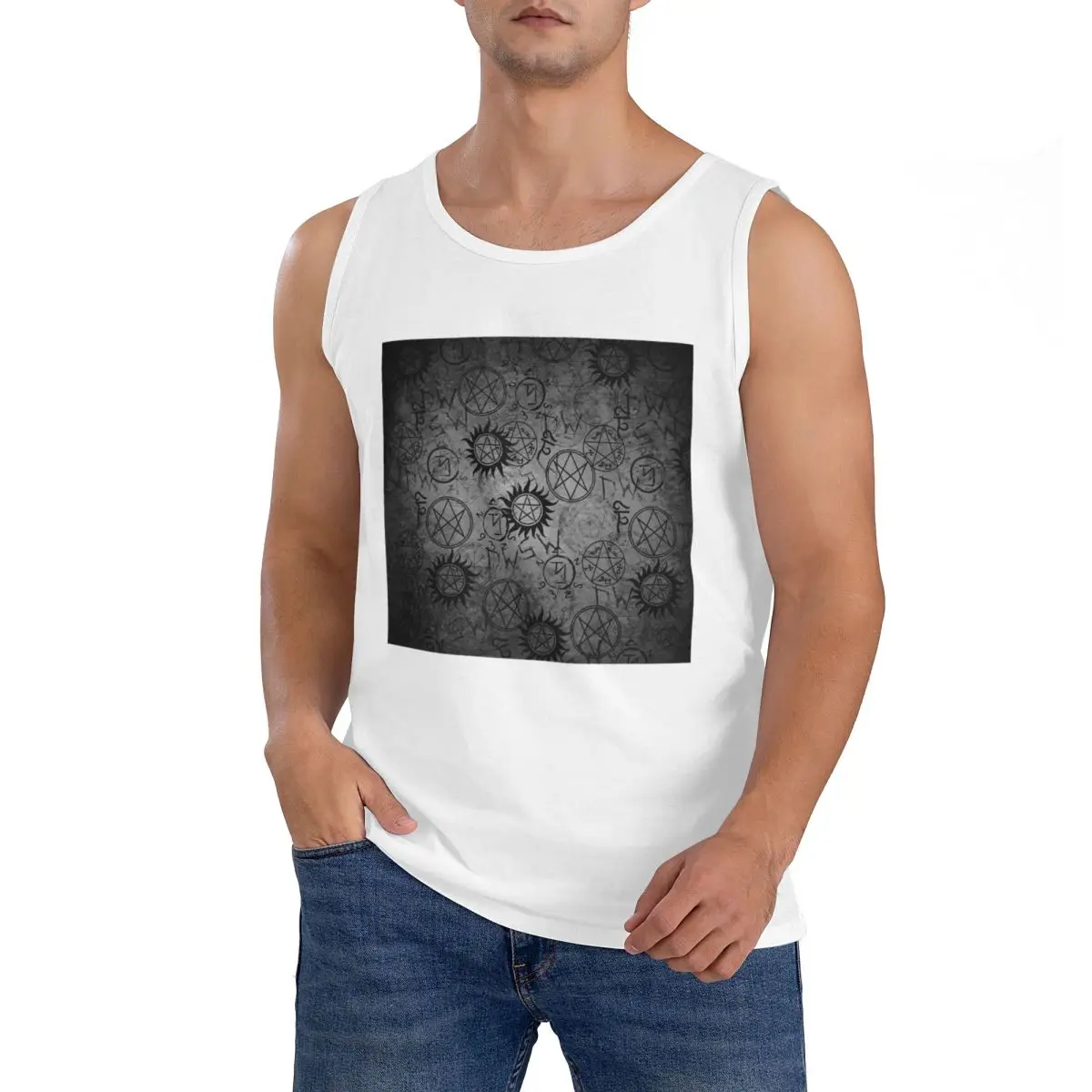 100% Cotton Supernatural Grey Sleeveless T-Shirt Men Workout Sports Clothing Tops Men's Crew Neck Vest