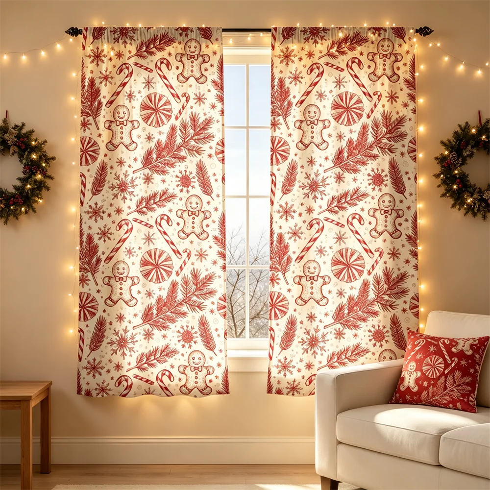 2PCS Christmas Curtains, Gingerbread man candy cane Print, Bedroom Living Room Window Drapes, Rod Pocket Polyester, Home Decor