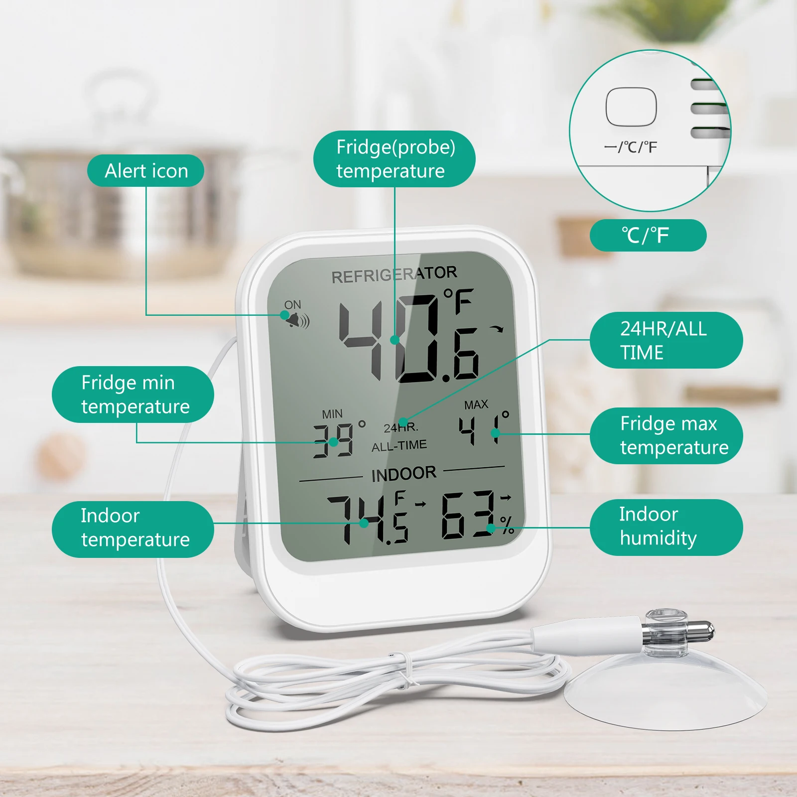 ORIA Refrigerator Thermometer With Probe Digital Hygrometer Temperature Humidity Monitor for Refrigerator Aquarium
