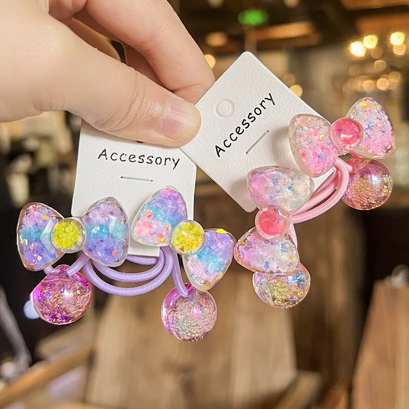 2pcs/lot Colorful Bow Burst Glittering Powder Round Ball Long Elastic Hair Band For Girl Children Cute Kawaii Rubber Ties