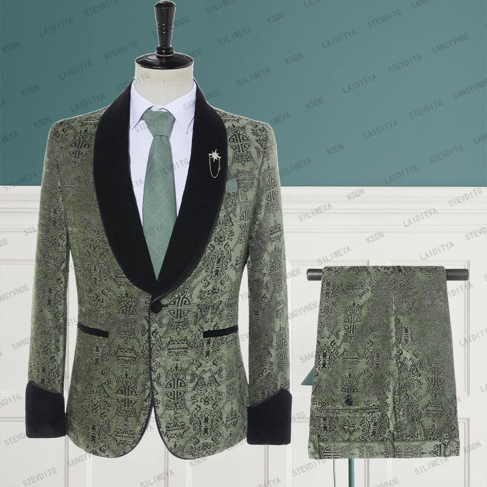 

Men Mariage Suits Green Corduroy Reto Claasic Pattern Black Velvet Lapel Male Business Casual Wedding Blazers Pants 2 Pcs Set