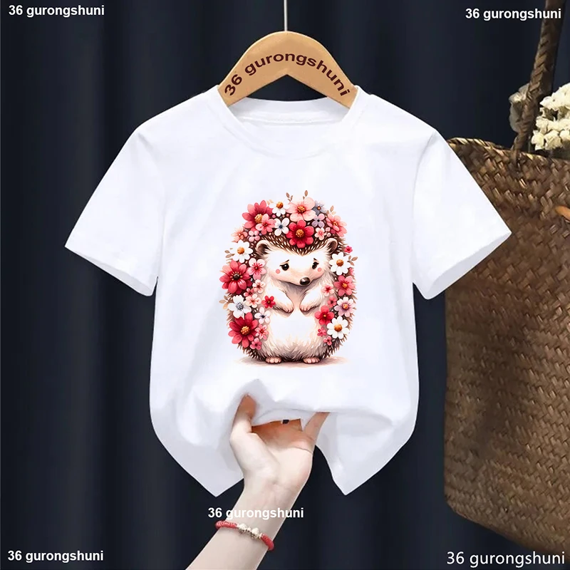 Camiseta con estampado de erizo de flores para niñas, ropa Harajuku Kawaii para niños, camiseta de manga corta de verano