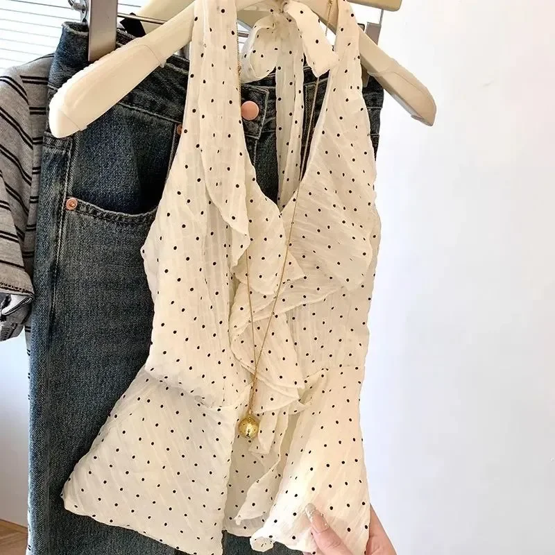 Women's White Polka Dot Halter Top Ruffle Trim Sweet Retro Casual Blouse