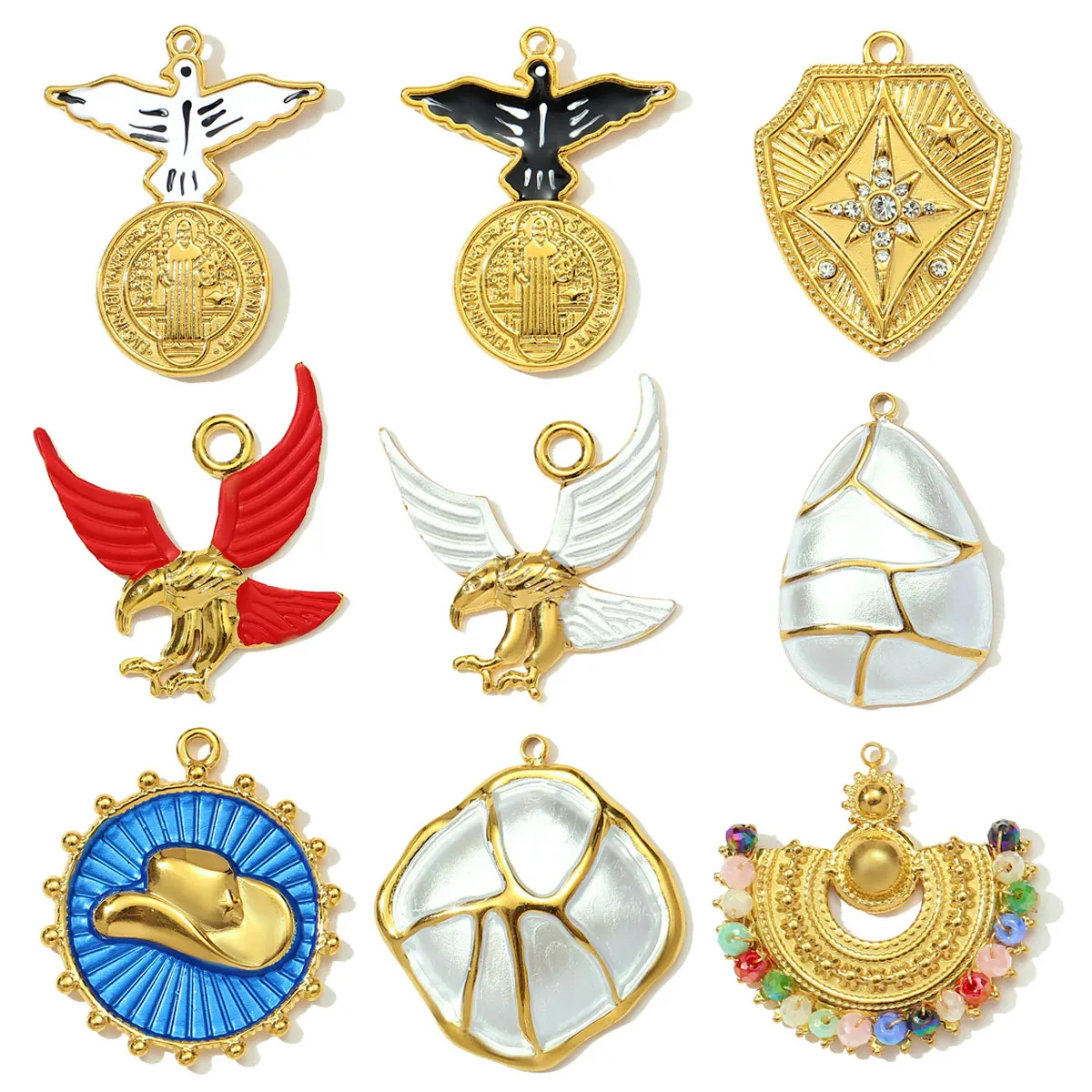 3pcs/Lot Stainless Steel Eagle Chapter Necklace Pendants Rhinestone Cowboy Hat DIY Charms Women Geometric Emamel Jewelry