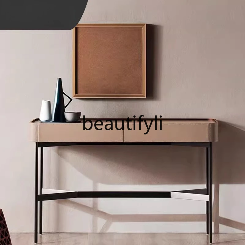 

Italian Minimalist Entryway Console Table Saddle Leather Decorative Cabinet Light Luxury Foyer Sideboard Modern Desk