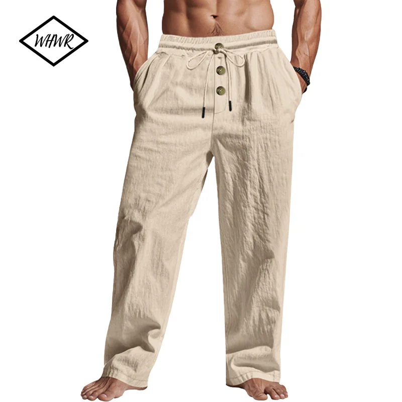 

Mens Loose Size Pants Casual Summer Vacation Baggy Beach Pants Buttoned Drawstring Yoga Trousers with Pockets