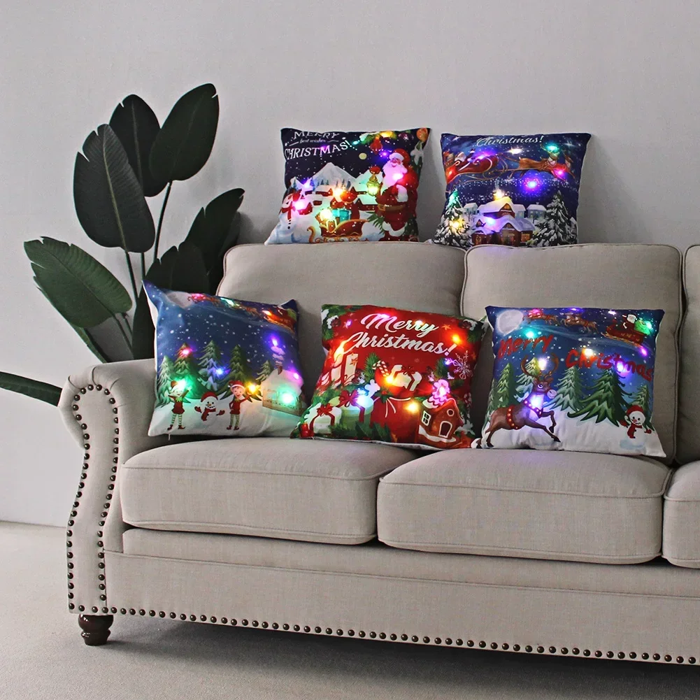 

45*45cm LED Christmas Pillow Cover Santa Claus Glow Pillow Case Christmas Decorations 2024 Cojines Decorativos Para Sofá