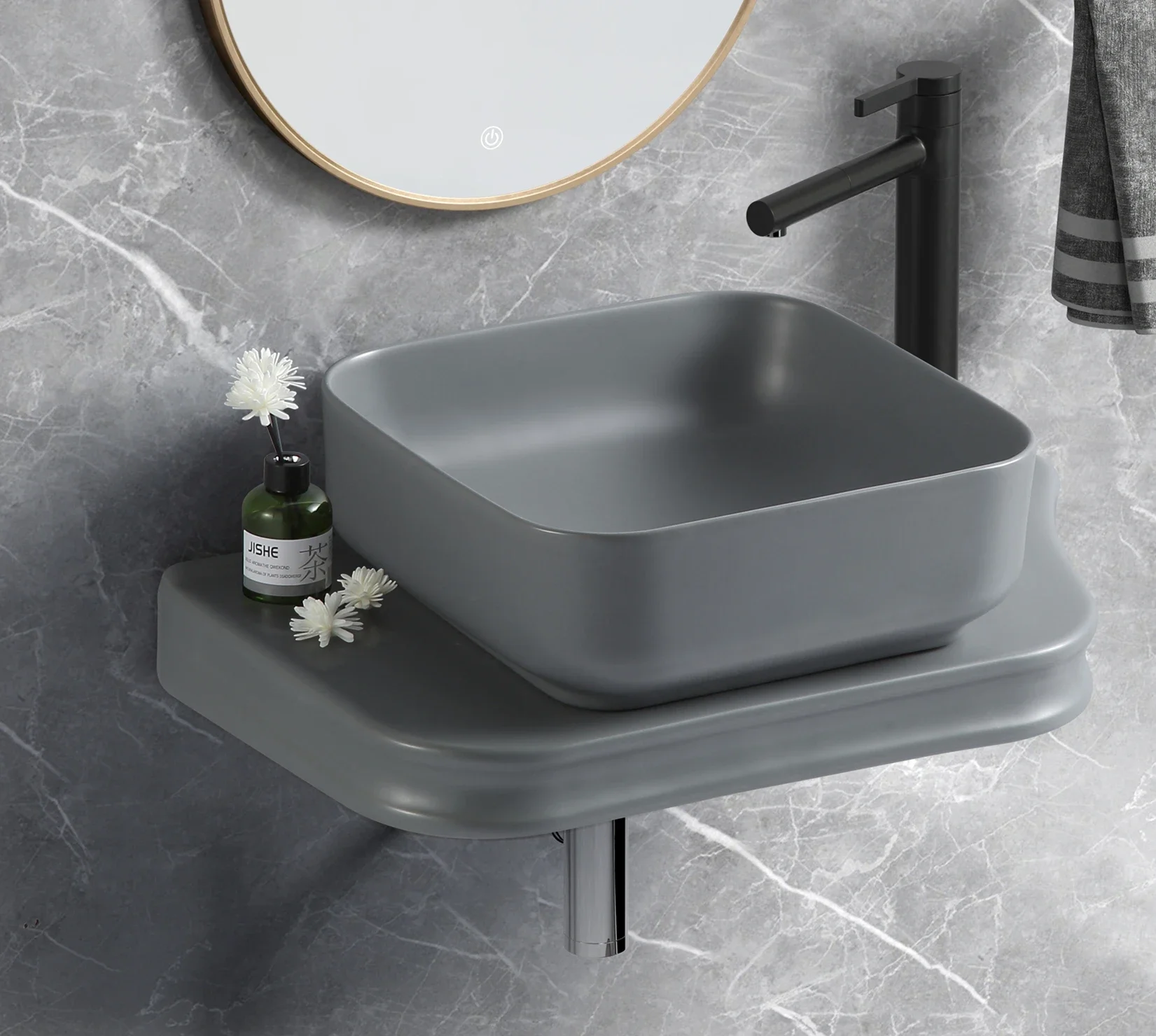 Universal Ceramic Matte Grey Rectangular Wall-Mount Basin Minimalist Solid-Color Design for Home/Office Compact Bathrooms