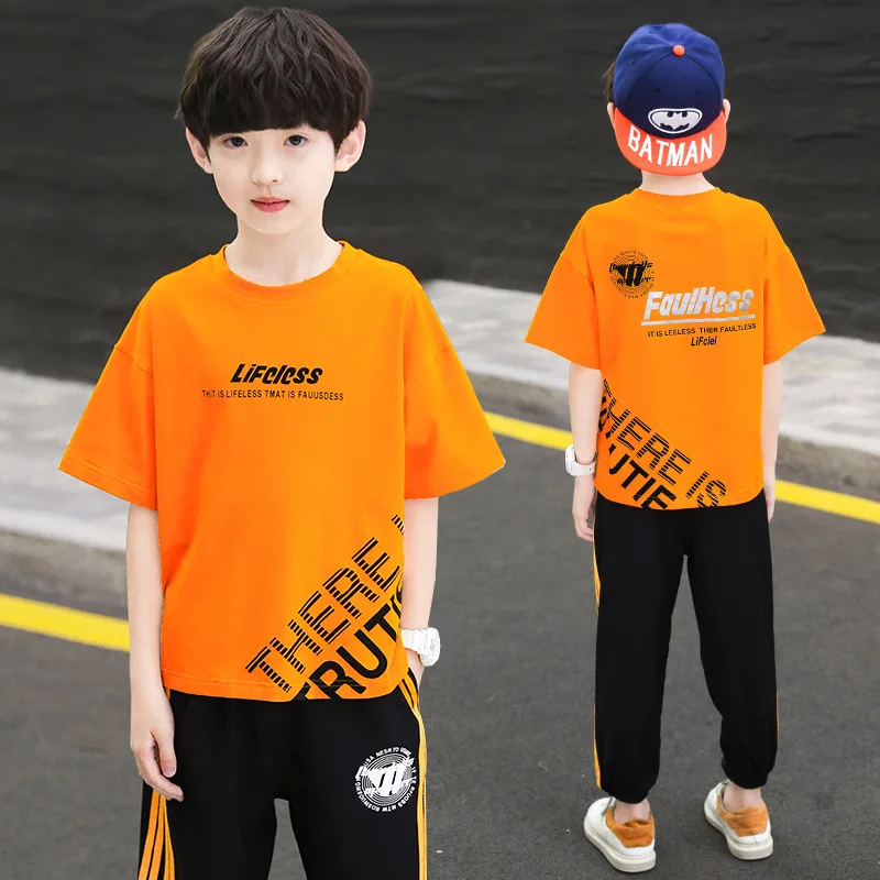 2026 Summer Casual Boys Cotton Alphabet T-Shirt Tops+Striped Pant Sets School Kids Tracksuit Children 2PCS Jogging Outfit 5-14 Y