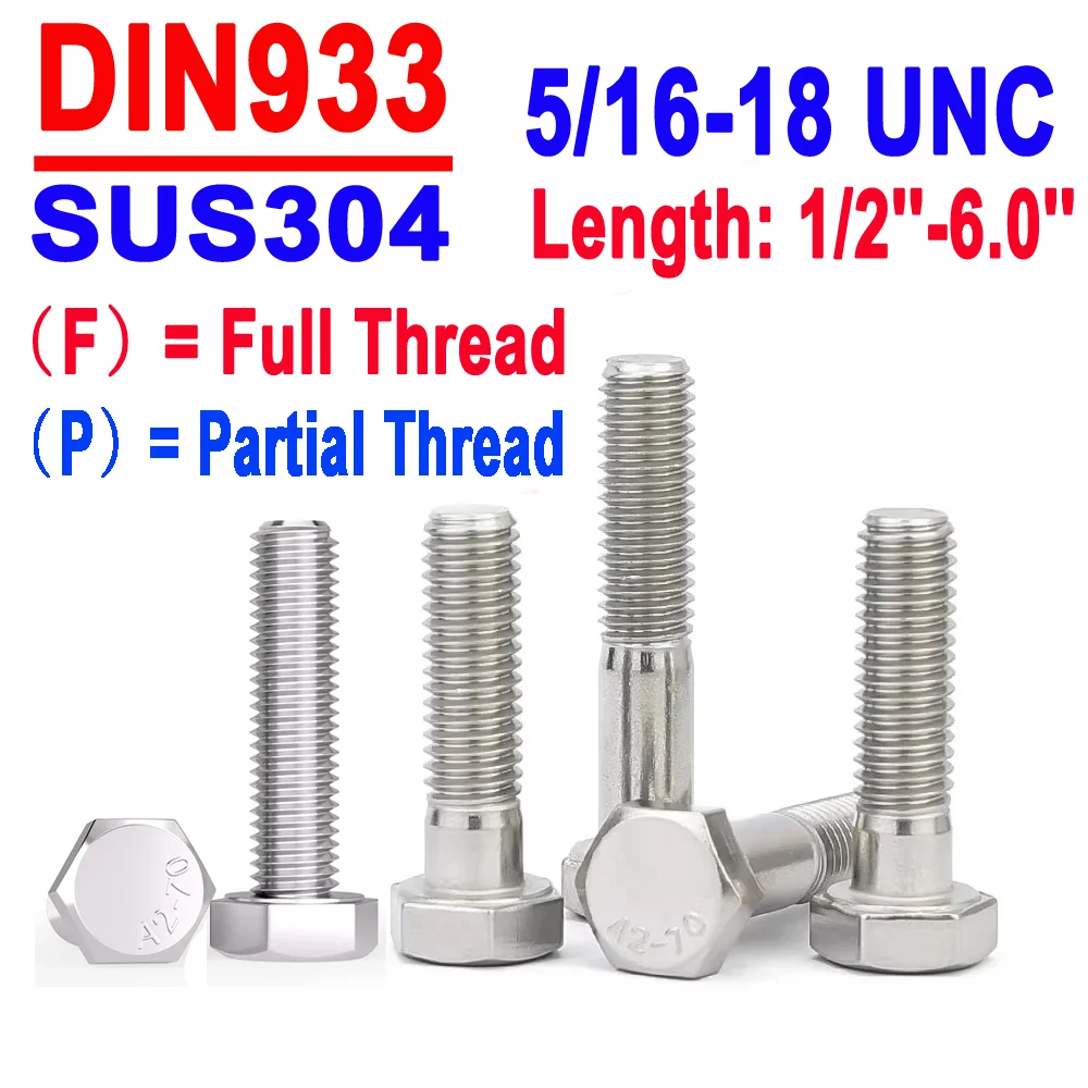 UNC 5/16-18 DIN933 Hexagon Head Screws Stainless Steel SUS304 External Bolts Full/Partial Threaded Hex Head Screws