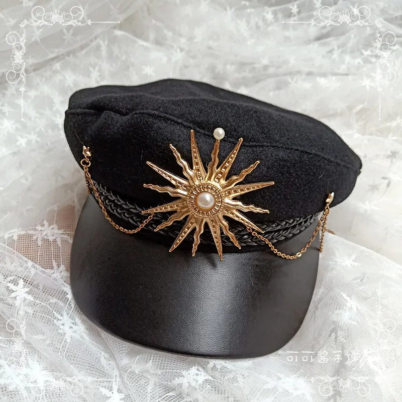 Handmade Black Army Lolita Hat JK Beret Autumn and Winter Cap Cos Lolita Chain Octagonal Hat