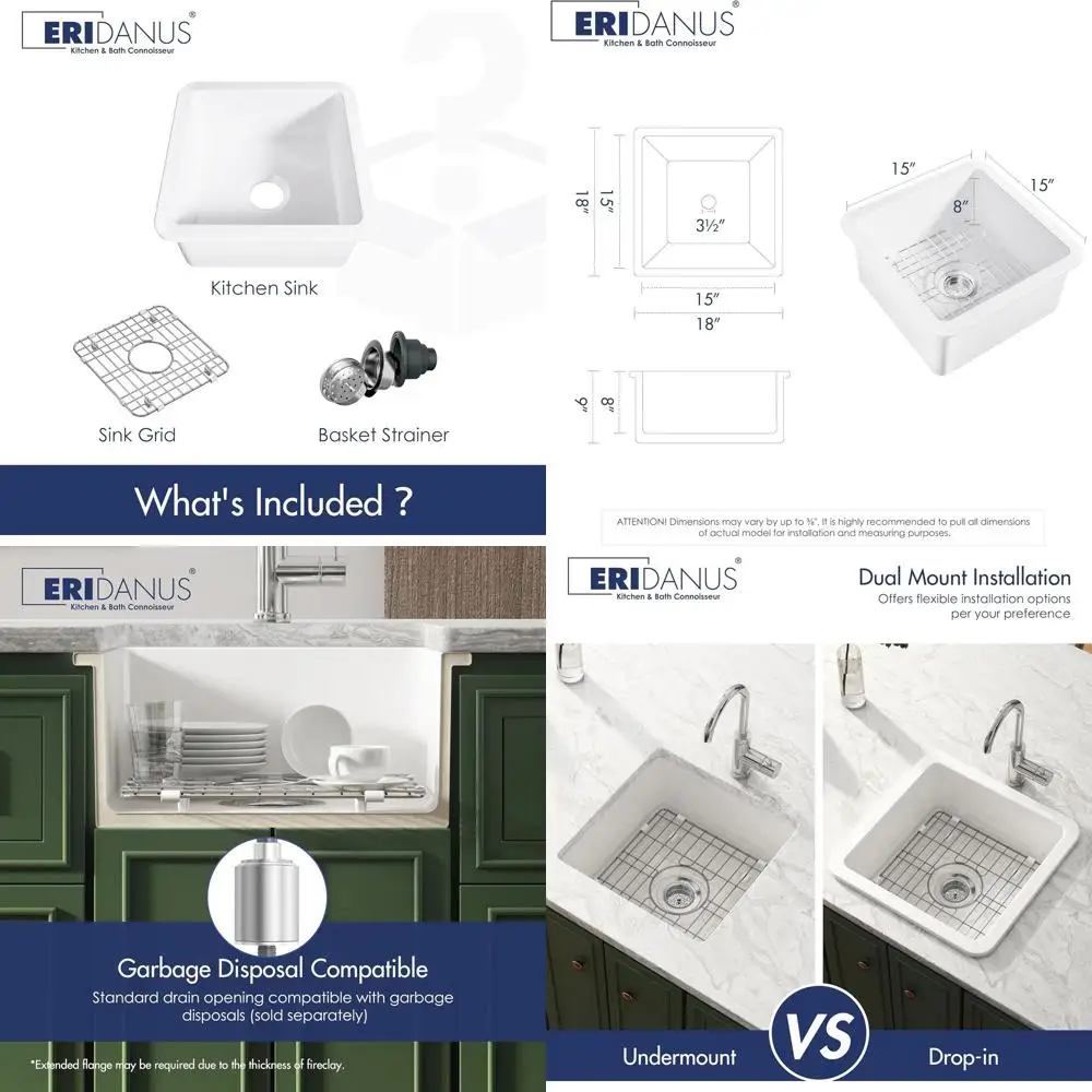 

18 Square Undermount Wet Bar Sink, 18 Inch Prep Sink, Dual Mount Single Bowl with Grid and Strainer Drain