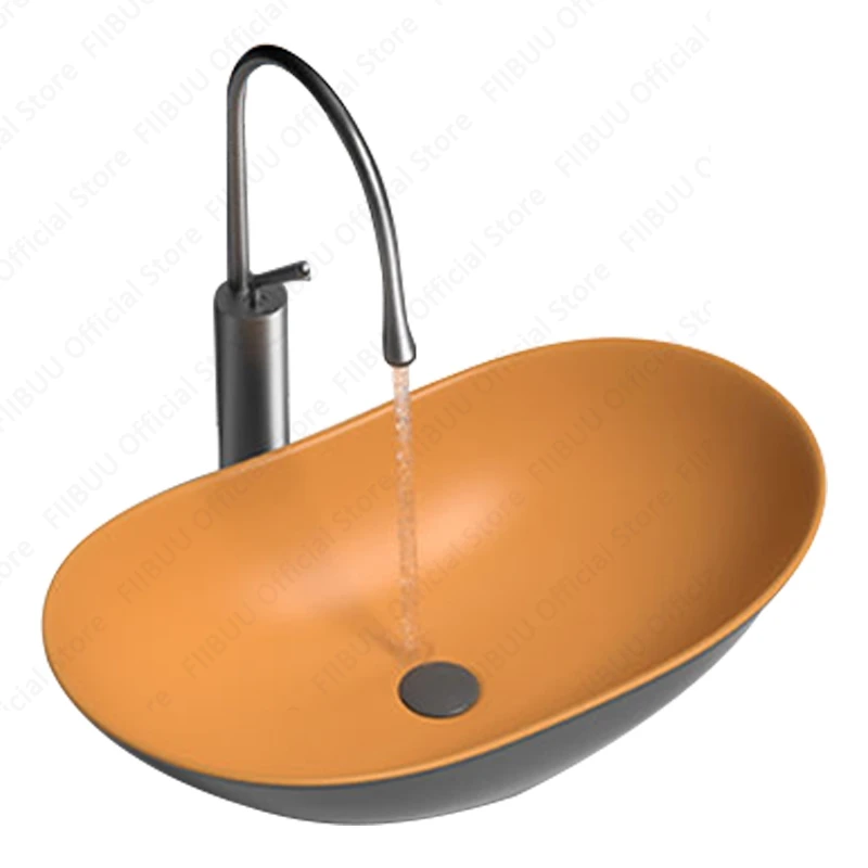 Ceramic Vessel Sink Matte Grey Orange Table Sink Oval Lavatory Bathroom Balcony Sink Bowl Above Counter Boat Shape Washing Basin