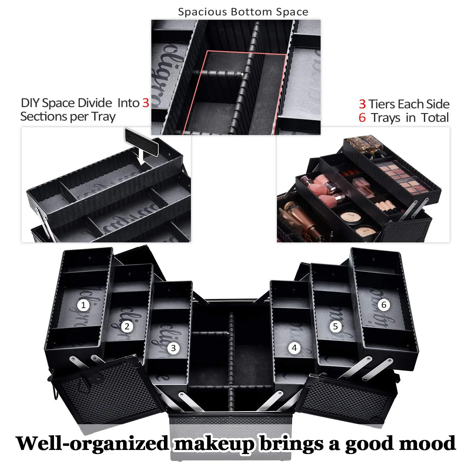 Joligrace Makeup Professional Adjustable-6 Trays Cosmetic Cases Makeup Storage Organizer Box with Lock and Compartments 14 Inch