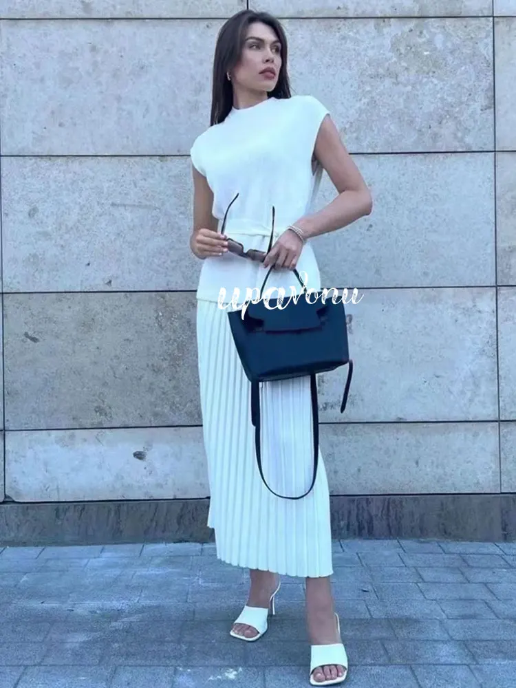 2024 Spring Elegant Knitted Pleated Skirt Sets Sleeveless Loose Pullover Lace-up T-Shirt&High Waist Midi Skirt Two-Piece Set